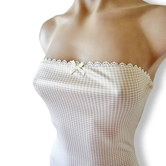Handmade, Beige / Light Brown + White Gingham Check Strapless Short Dress Size S - Picture 2 of 10